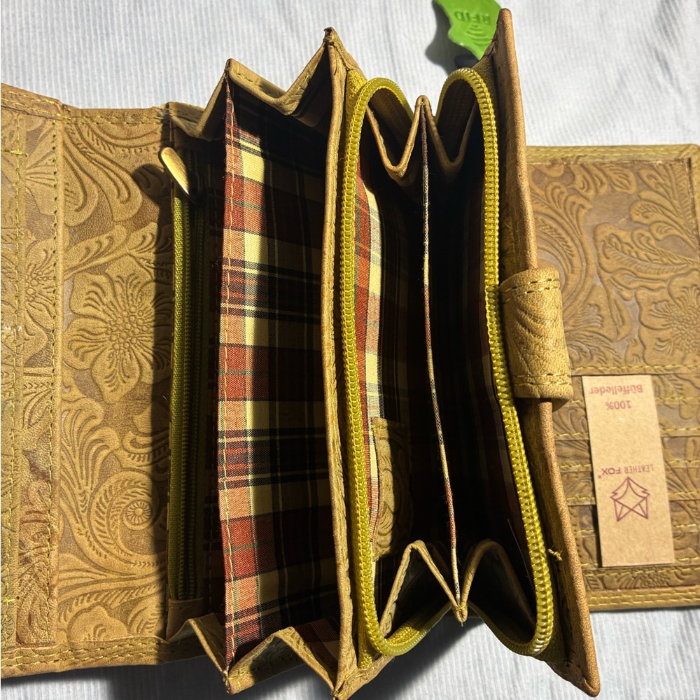 Tooled Leather Accordion Wallet in Mustard/Tan